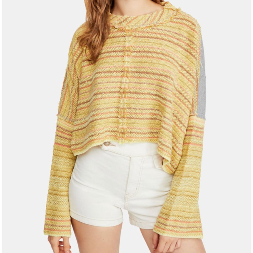 Free People Yellow Striped Cropped Sweatshirt